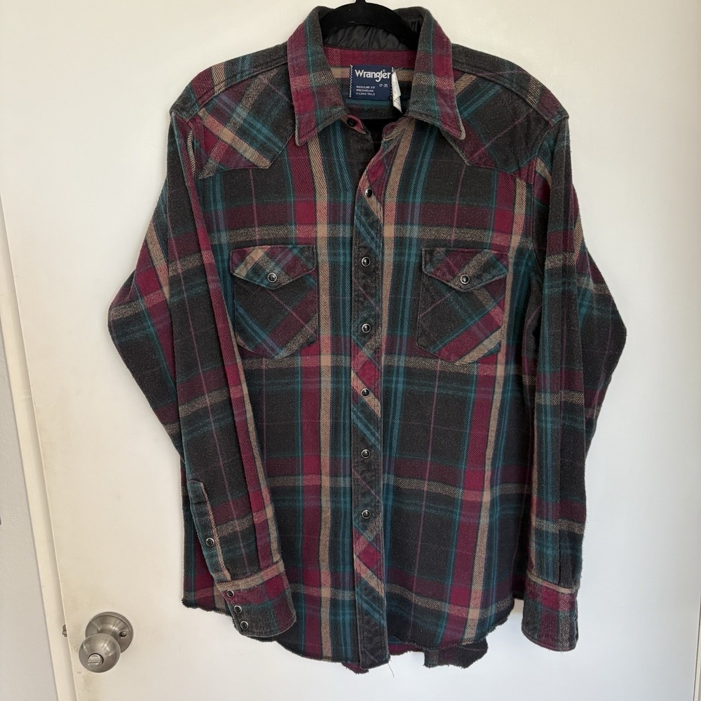 Vintage Wrangler Shirt Mens XL 17-35 Heavy Plaid Flannel Pearl Snap Western 90s